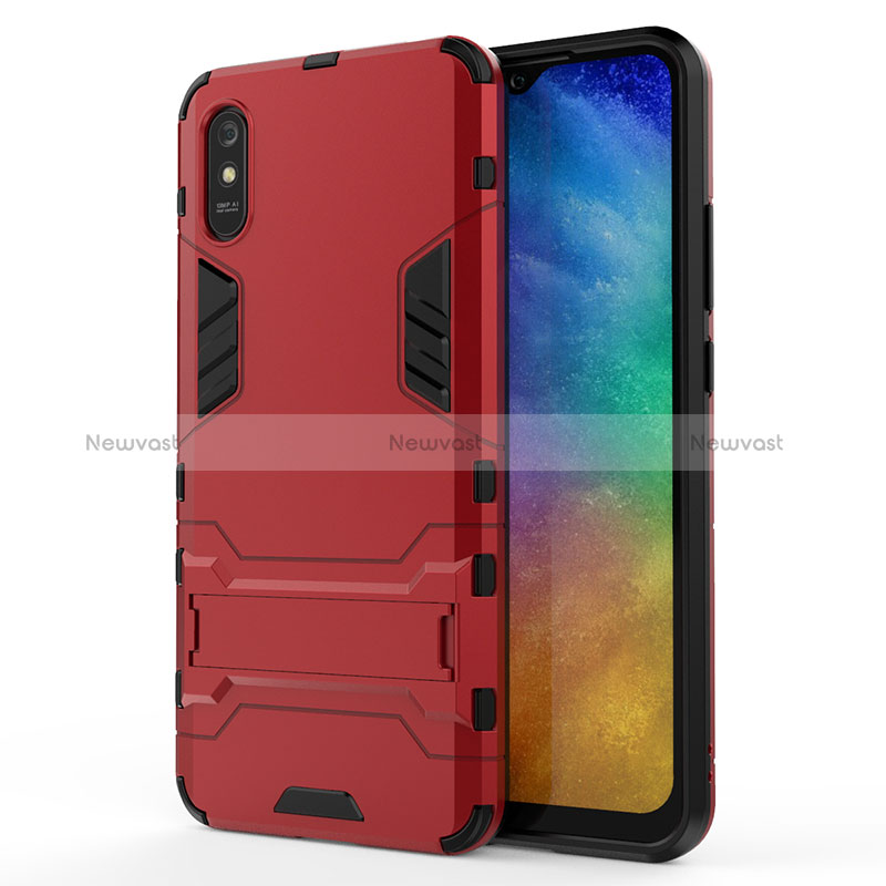 Silicone Matte Finish and Plastic Back Cover Case with Stand KC2 for Xiaomi Redmi 9AT Red