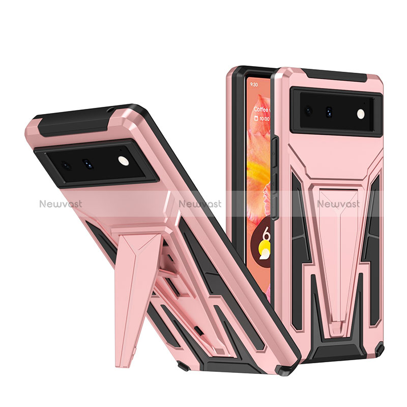 Silicone Matte Finish and Plastic Back Cover Case with Stand MQ1 for Google Pixel 6 5G Rose Gold
