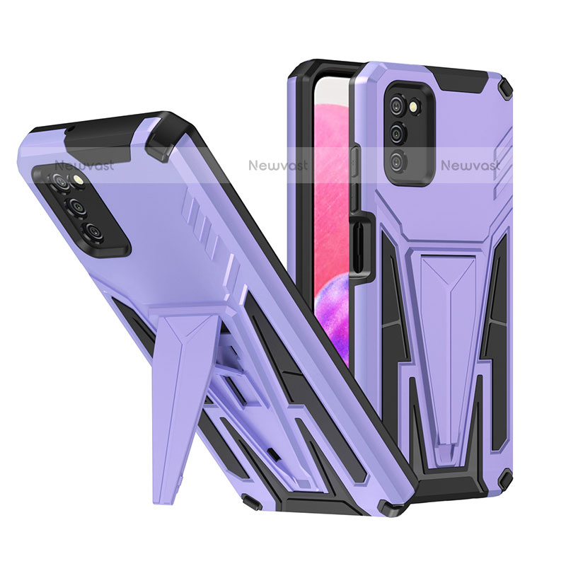 Silicone Matte Finish and Plastic Back Cover Case with Stand MQ1 for Samsung Galaxy A02s Purple