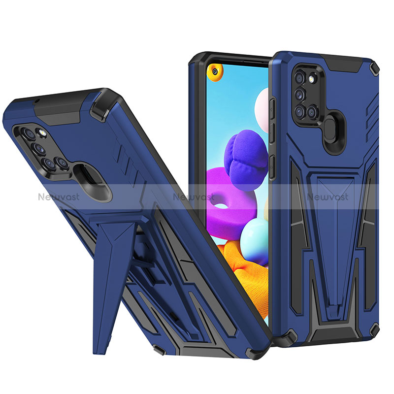 Silicone Matte Finish and Plastic Back Cover Case with Stand MQ1 for Samsung Galaxy A21 Blue