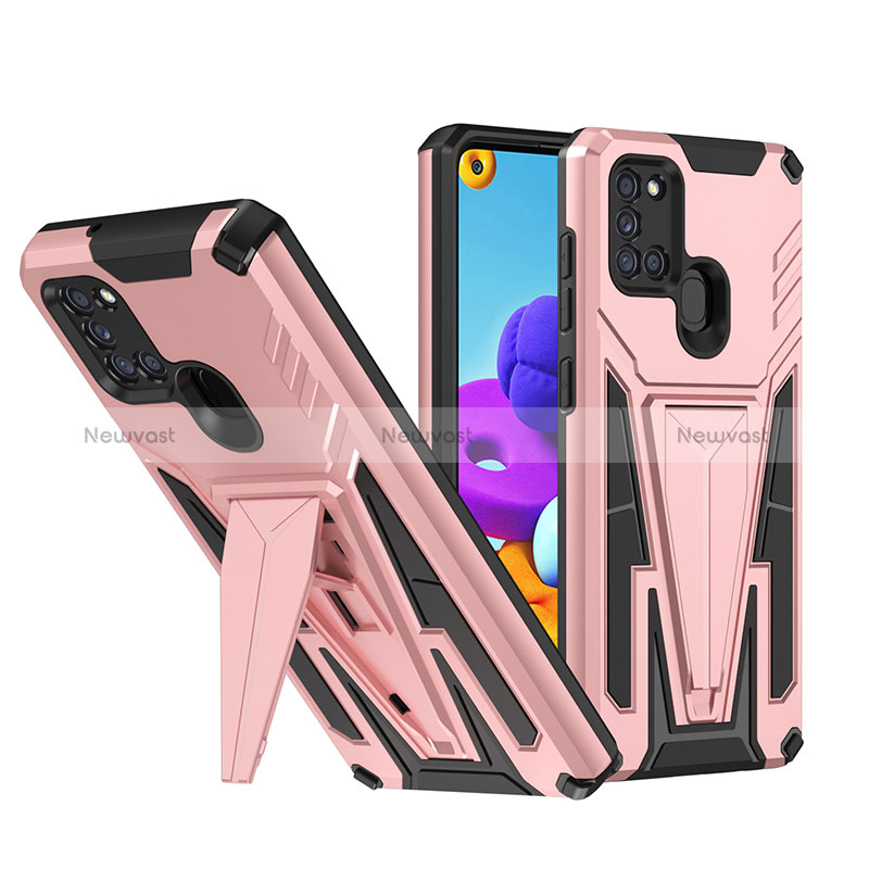 Silicone Matte Finish and Plastic Back Cover Case with Stand MQ1 for Samsung Galaxy A21s Rose Gold