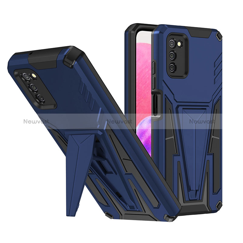 Silicone Matte Finish and Plastic Back Cover Case with Stand MQ1 for Samsung Galaxy M02s Blue