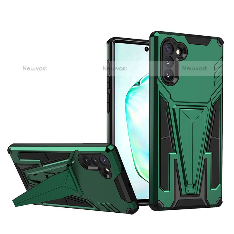 Silicone Matte Finish and Plastic Back Cover Case with Stand MQ1 for Samsung Galaxy Note 10 5G Green