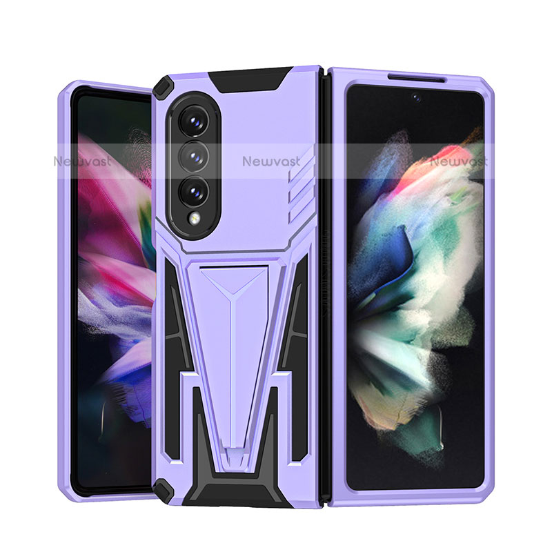 Silicone Matte Finish and Plastic Back Cover Case with Stand MQ1 for Samsung Galaxy Z Fold3 5G Purple