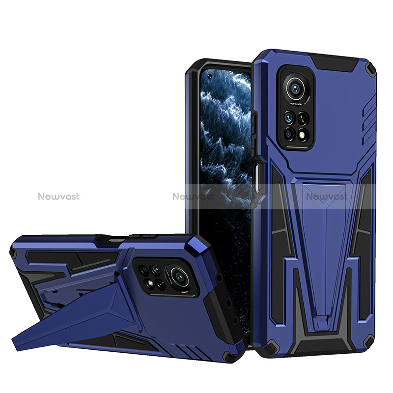 Silicone Matte Finish and Plastic Back Cover Case with Stand MQ1 for Xiaomi Mi 10T 5G Blue