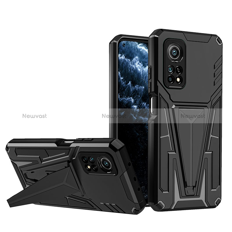 Silicone Matte Finish and Plastic Back Cover Case with Stand MQ1 for Xiaomi Mi 10T Pro 5G Black