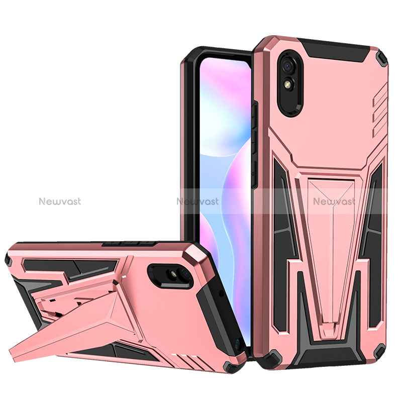 Silicone Matte Finish and Plastic Back Cover Case with Stand MQ1 for Xiaomi Redmi 9A Rose Gold