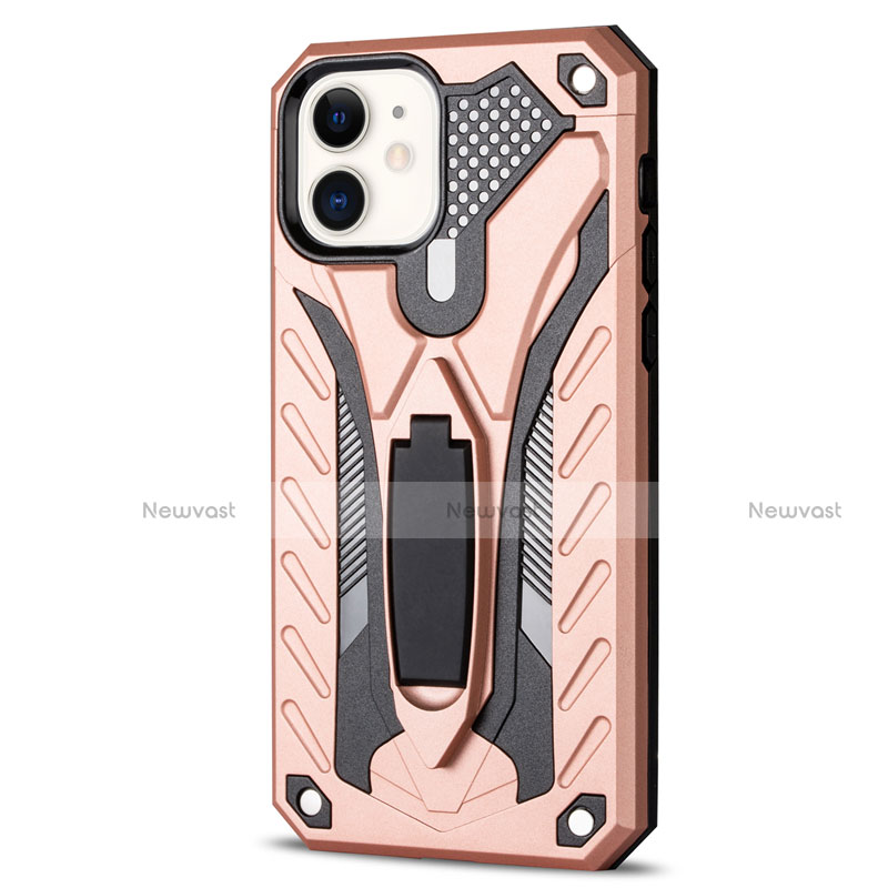 Silicone Matte Finish and Plastic Back Cover Case with Stand R01 for Apple iPhone 12 Mini Rose Gold