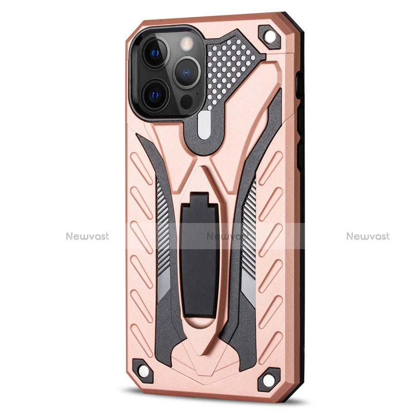 Silicone Matte Finish and Plastic Back Cover Case with Stand R01 for Apple iPhone 12 Pro Max Rose Gold