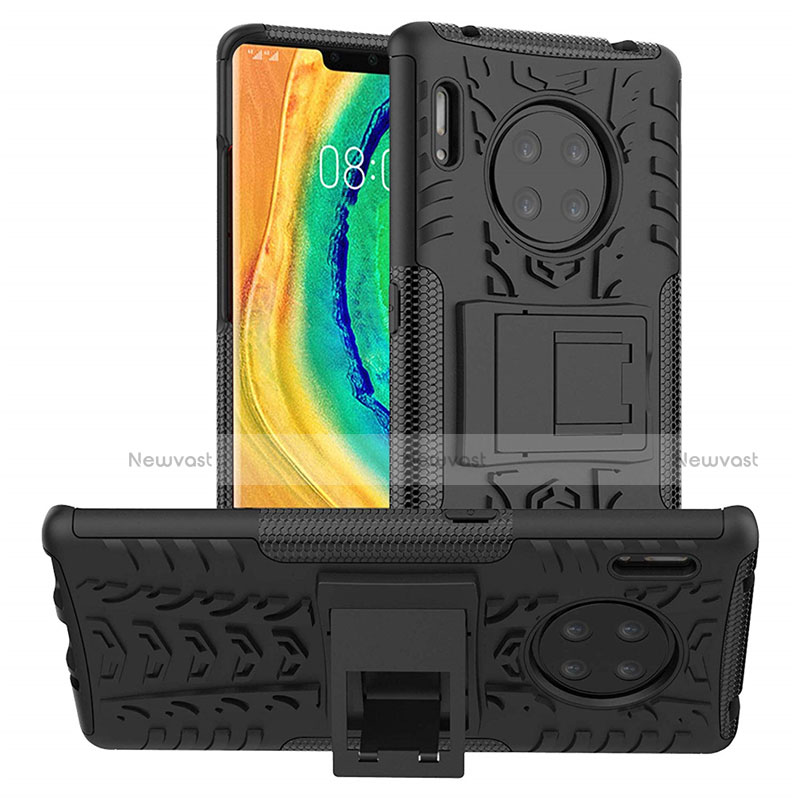 Silicone Matte Finish and Plastic Back Cover Case with Stand R01 for Huawei Mate 30 5G Black