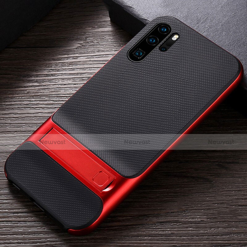 Silicone Matte Finish and Plastic Back Cover Case with Stand R01 for Huawei P30 Pro Red