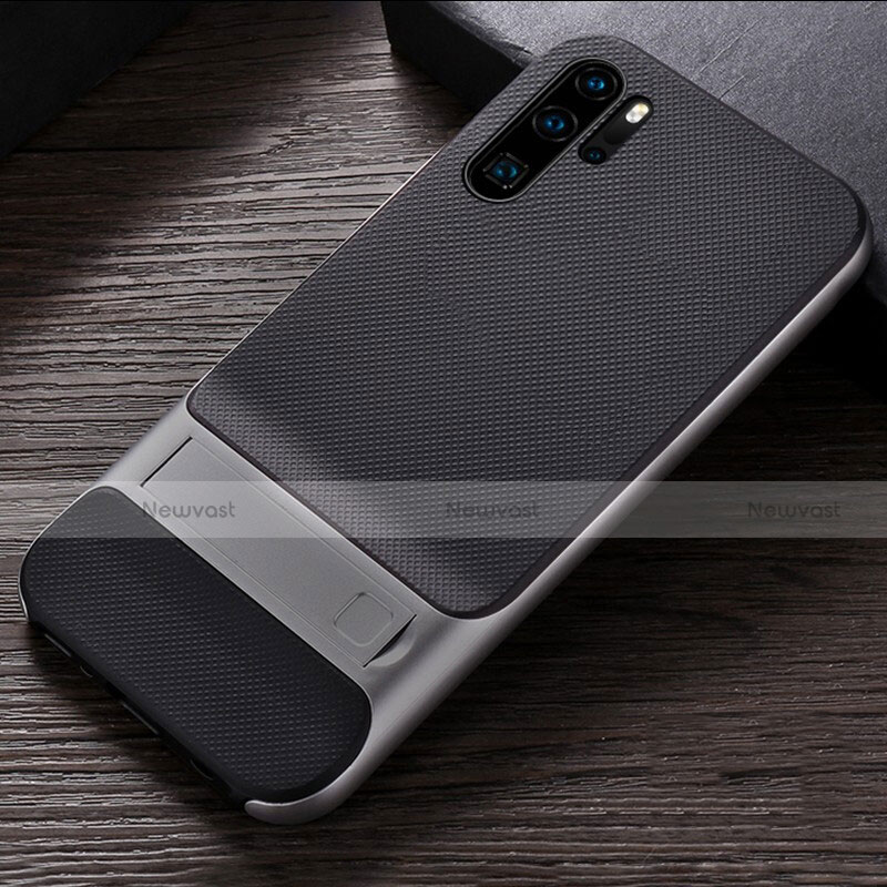 Silicone Matte Finish and Plastic Back Cover Case with Stand R01 for Huawei P30 Pro Silver