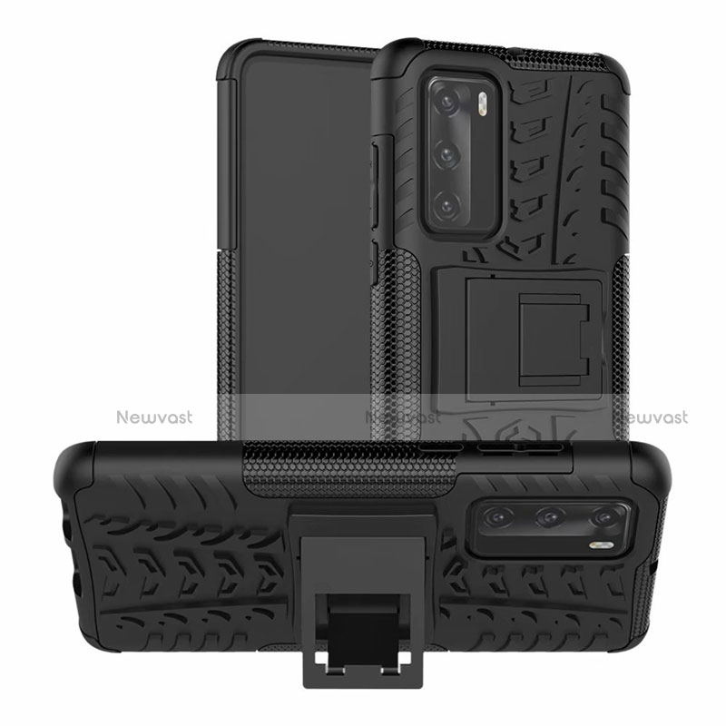 Silicone Matte Finish and Plastic Back Cover Case with Stand R01 for Huawei P40 Black