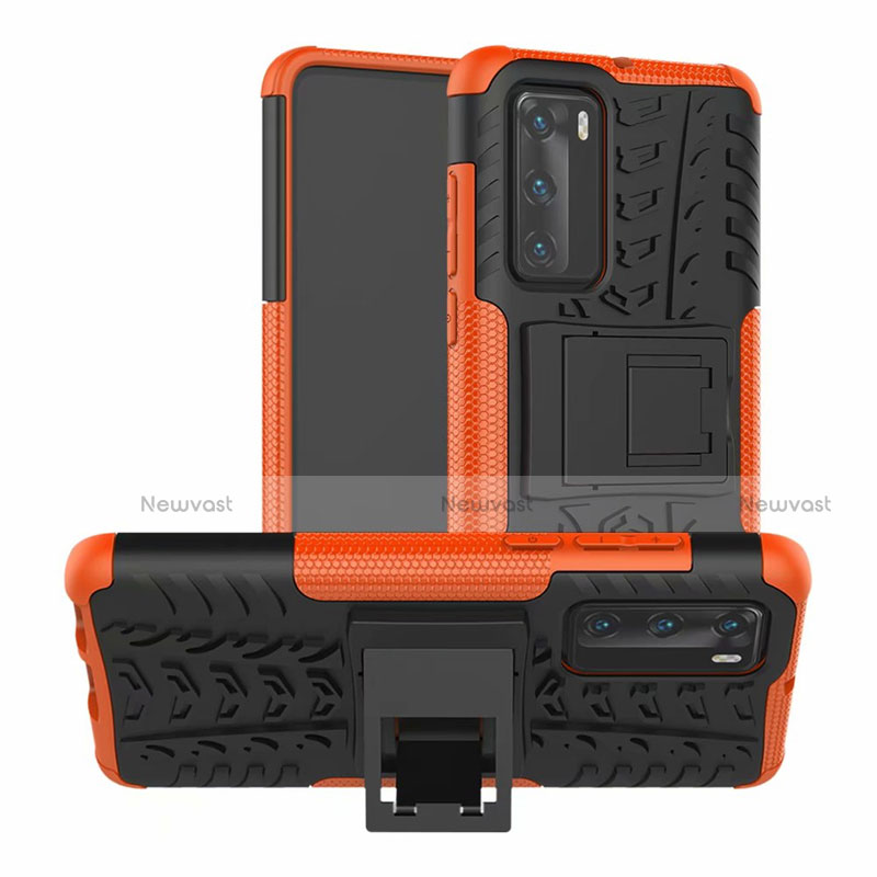 Silicone Matte Finish and Plastic Back Cover Case with Stand R01 for Huawei P40 Orange