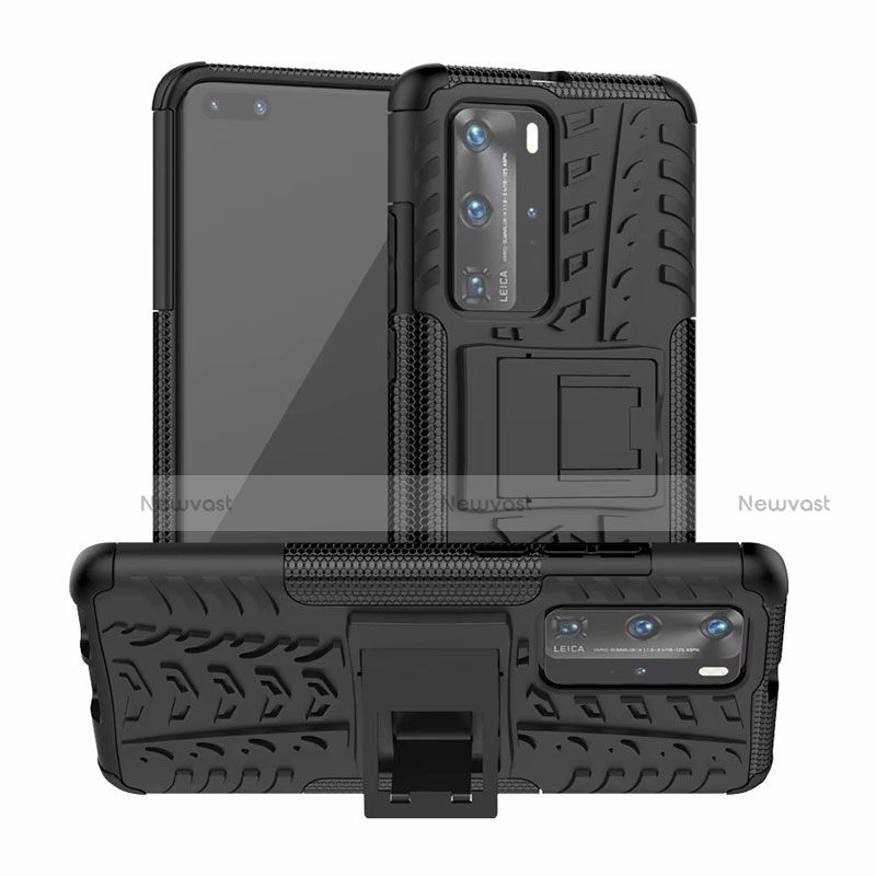Silicone Matte Finish and Plastic Back Cover Case with Stand R01 for Huawei P40 Pro Black