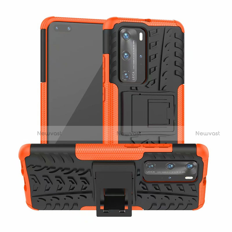 Silicone Matte Finish and Plastic Back Cover Case with Stand R01 for Huawei P40 Pro Orange