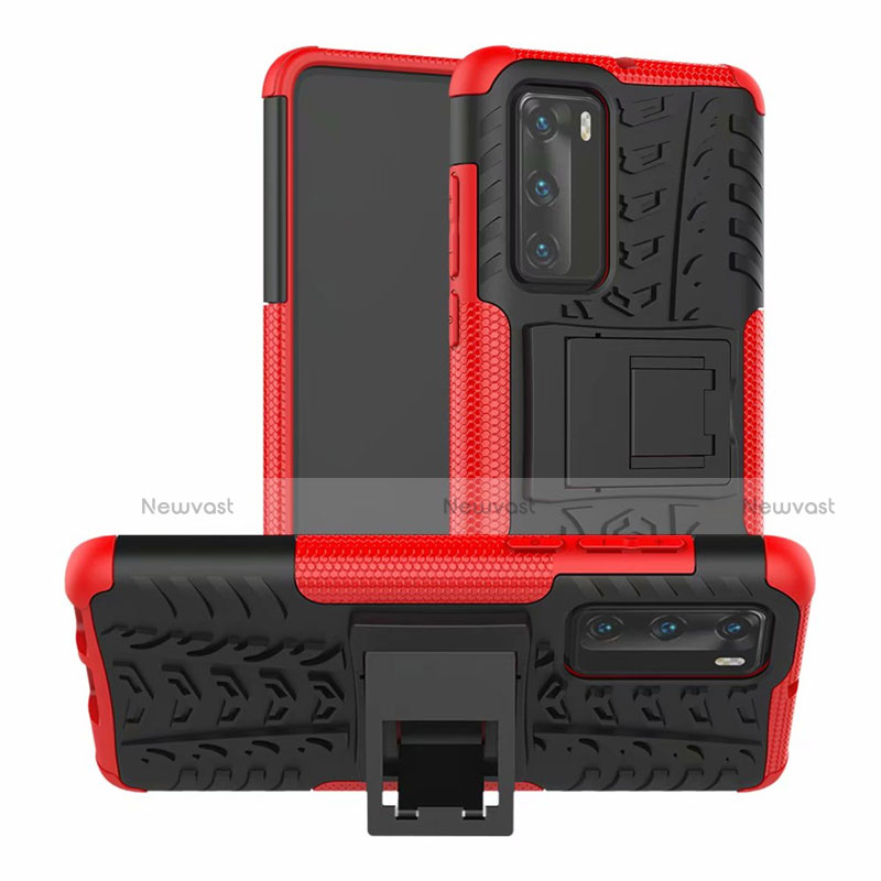 Silicone Matte Finish and Plastic Back Cover Case with Stand R01 for Huawei P40 Red