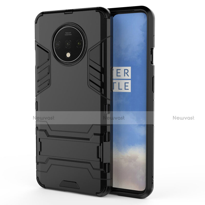 Silicone Matte Finish and Plastic Back Cover Case with Stand R01 for OnePlus 7T Black