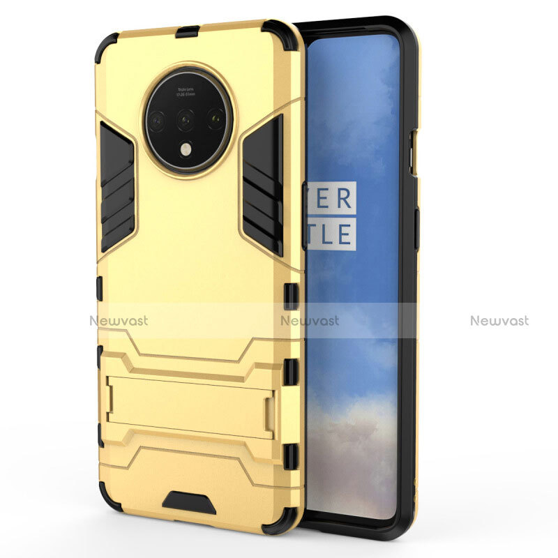 Silicone Matte Finish and Plastic Back Cover Case with Stand R01 for OnePlus 7T Gold