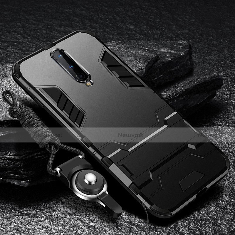 Silicone Matte Finish and Plastic Back Cover Case with Stand R01 for OnePlus 8 Black