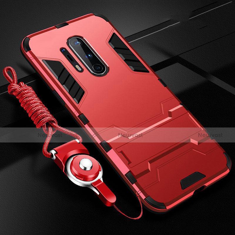 Silicone Matte Finish and Plastic Back Cover Case with Stand R01 for OnePlus 8 Pro Red