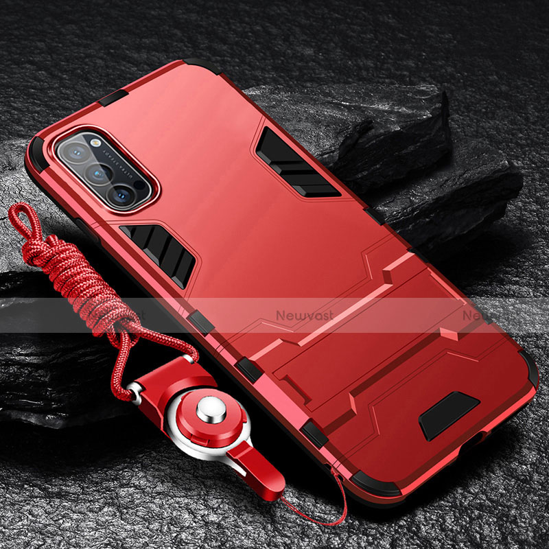 Silicone Matte Finish and Plastic Back Cover Case with Stand R01 for Oppo Reno4 5G Red