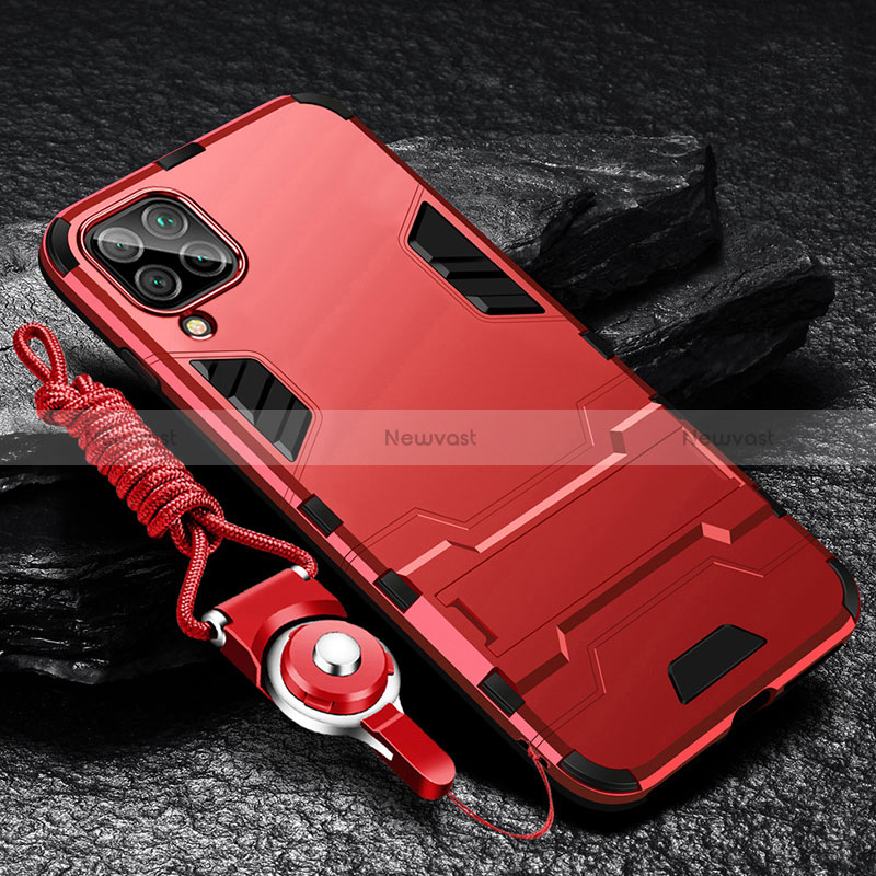 Silicone Matte Finish and Plastic Back Cover Case with Stand R01 for Samsung Galaxy A12 Nacho