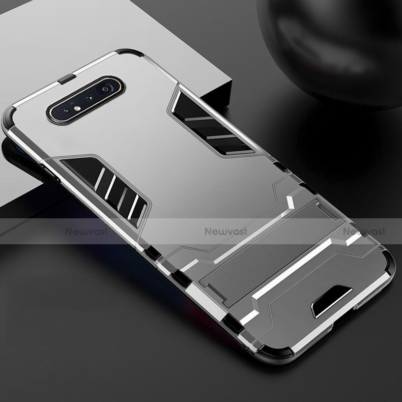 Silicone Matte Finish and Plastic Back Cover Case with Stand R01 for Samsung Galaxy A90 4G Silver