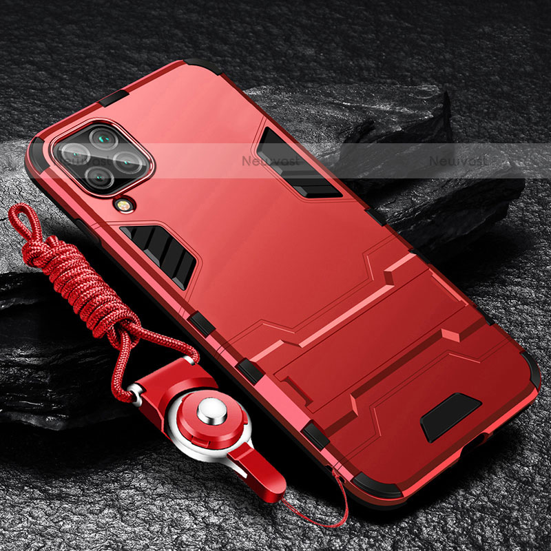 Silicone Matte Finish and Plastic Back Cover Case with Stand R01 for Samsung Galaxy F12 Red