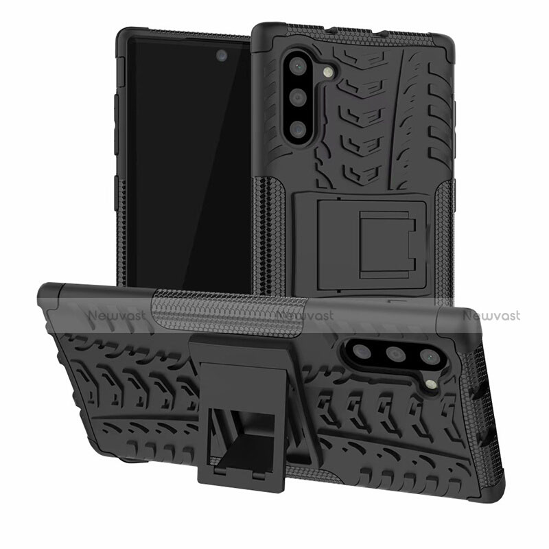 Silicone Matte Finish and Plastic Back Cover Case with Stand R01 for Samsung Galaxy Note 10 5G Black