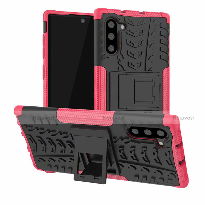 Silicone Matte Finish and Plastic Back Cover Case with Stand R01 for Samsung Galaxy Note 10 5G Hot Pink