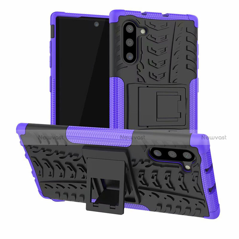 Silicone Matte Finish and Plastic Back Cover Case with Stand R01 for Samsung Galaxy Note 10 5G Purple
