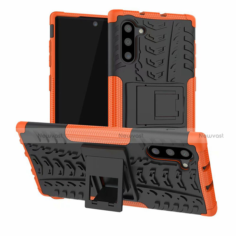 Silicone Matte Finish and Plastic Back Cover Case with Stand R01 for Samsung Galaxy Note 10 Orange