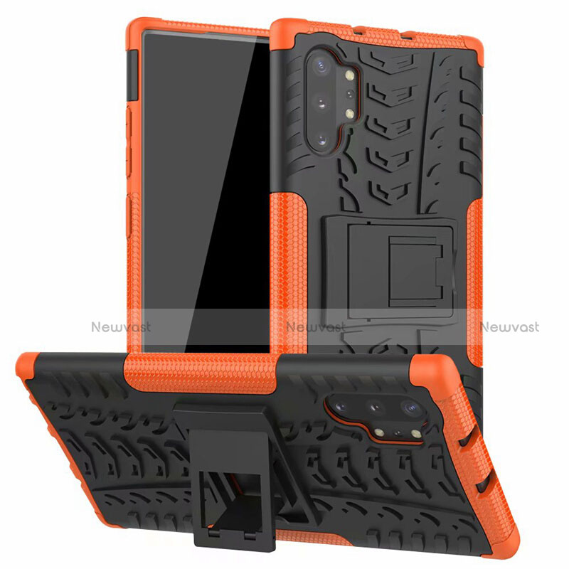Silicone Matte Finish and Plastic Back Cover Case with Stand R01 for Samsung Galaxy Note 10 Plus 5G Orange