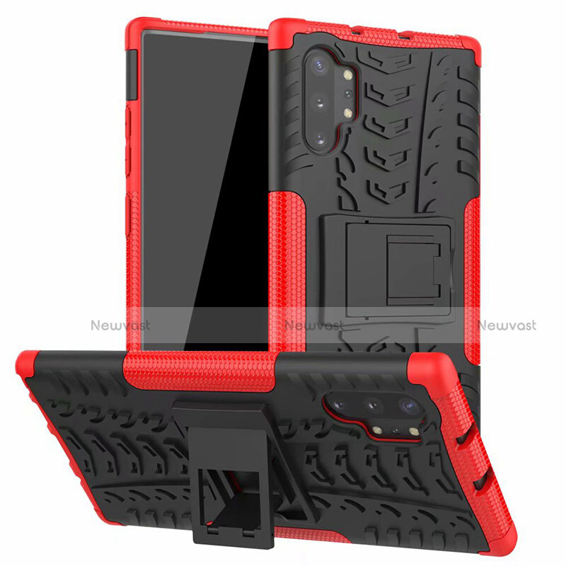 Silicone Matte Finish and Plastic Back Cover Case with Stand R01 for Samsung Galaxy Note 10 Plus 5G Red