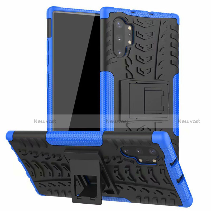 Silicone Matte Finish and Plastic Back Cover Case with Stand R01 for Samsung Galaxy Note 10 Plus Blue