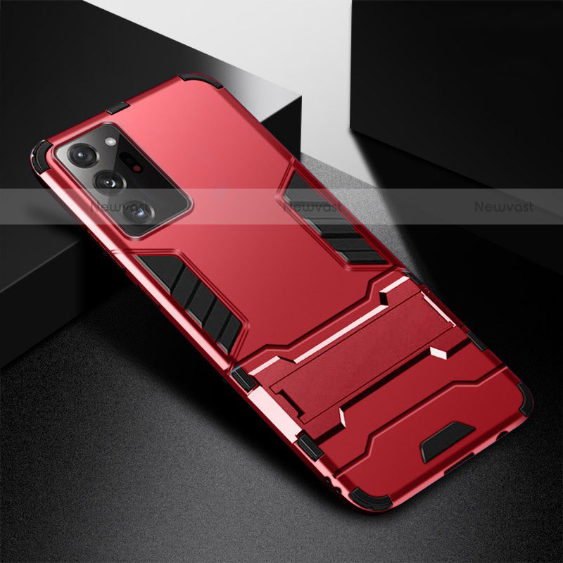 Silicone Matte Finish and Plastic Back Cover Case with Stand R01 for Samsung Galaxy Note 20 Ultra 5G Red