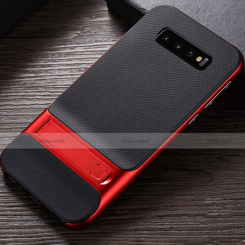 Silicone Matte Finish and Plastic Back Cover Case with Stand R01 for Samsung Galaxy S10 Plus