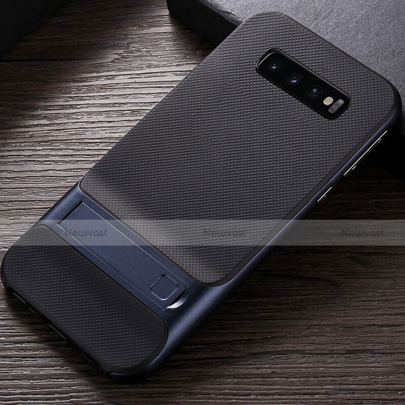 Silicone Matte Finish and Plastic Back Cover Case with Stand R01 for Samsung Galaxy S10 Plus Blue