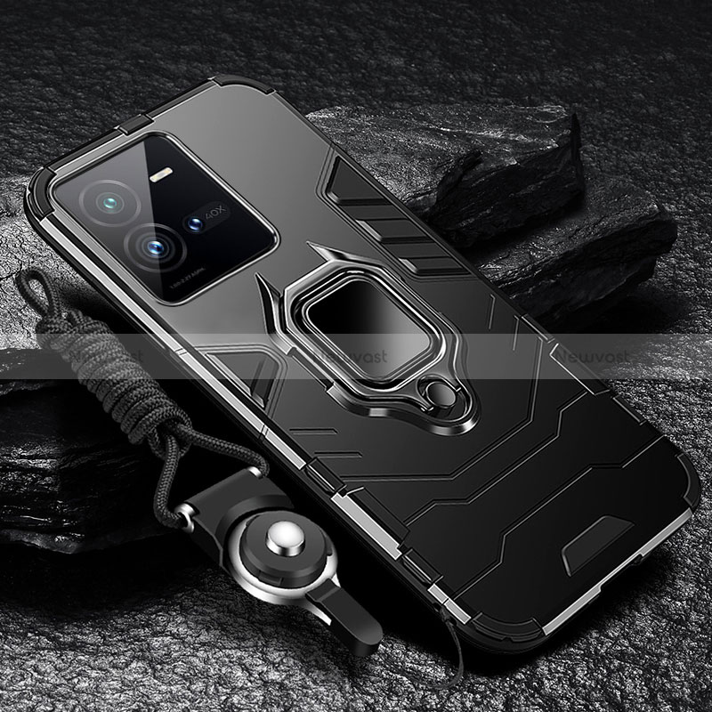 Silicone Matte Finish and Plastic Back Cover Case with Stand R01 for Vivo iQOO 10 Pro 5G Black