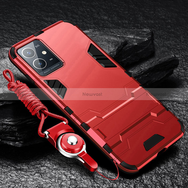 Silicone Matte Finish and Plastic Back Cover Case with Stand R01 for Vivo T1 5G India Red
