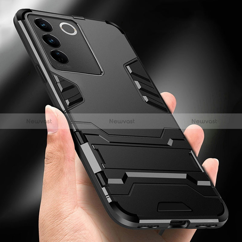Silicone Matte Finish and Plastic Back Cover Case with Stand R01 for Vivo V27 5G