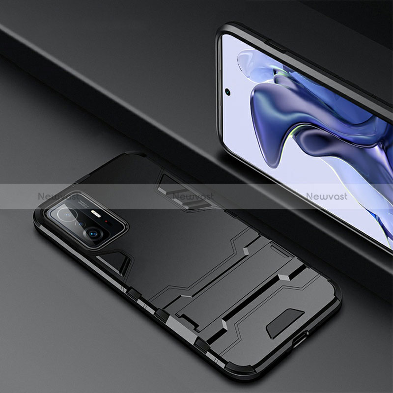 Silicone Matte Finish and Plastic Back Cover Case with Stand R01 for Xiaomi Mi 11T Pro 5G