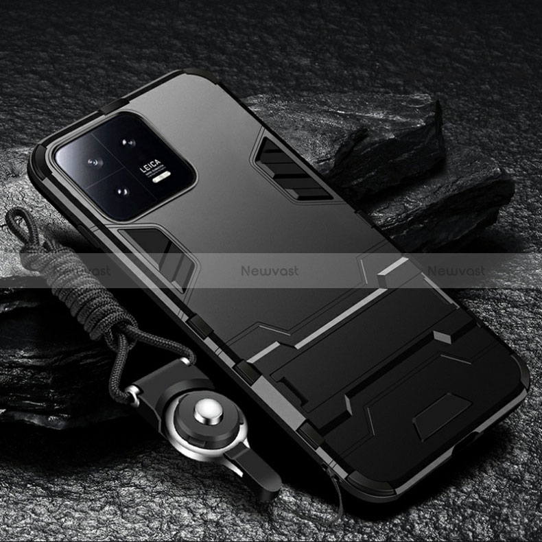 Silicone Matte Finish and Plastic Back Cover Case with Stand R01 for Xiaomi Mi 13 5G Black