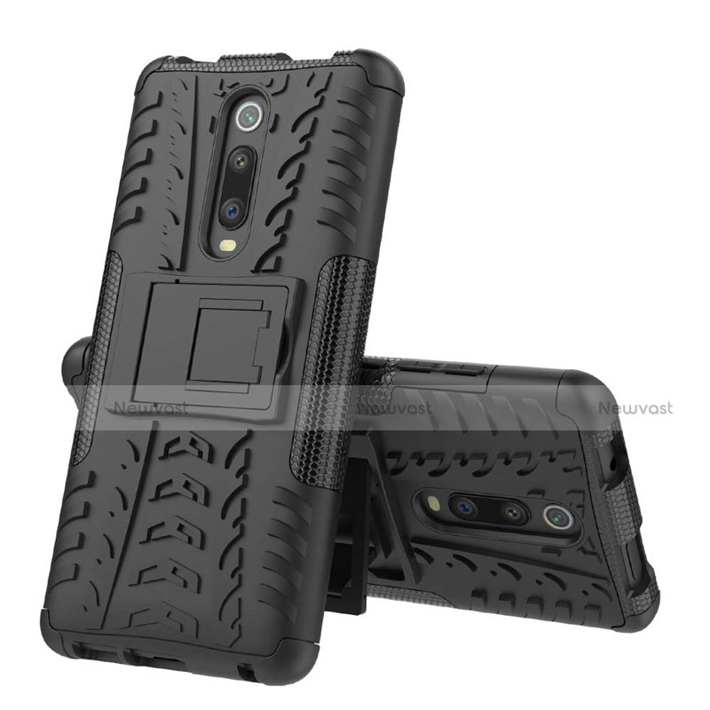 Silicone Matte Finish and Plastic Back Cover Case with Stand R01 for Xiaomi Mi 9T Black