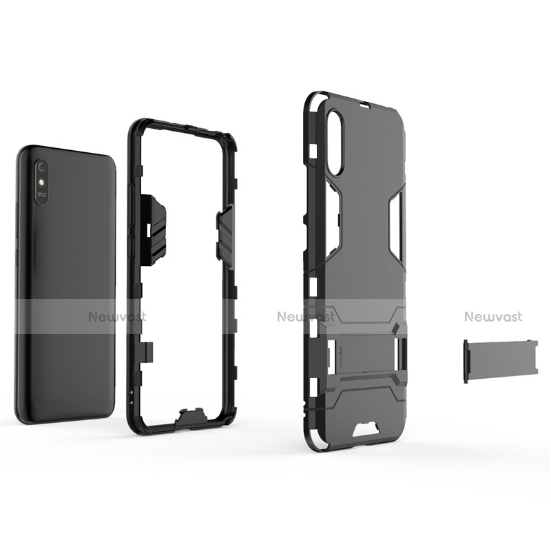 Silicone Matte Finish and Plastic Back Cover Case with Stand R01 for Xiaomi Redmi 9AT