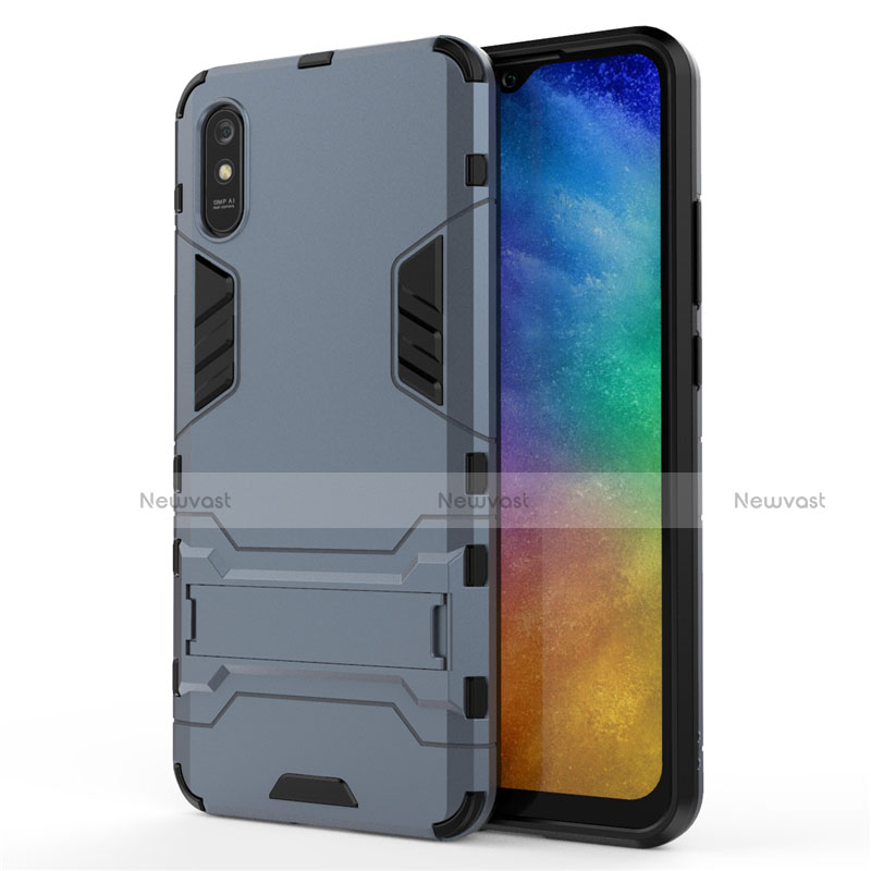 Silicone Matte Finish and Plastic Back Cover Case with Stand R01 for Xiaomi Redmi 9AT Blue