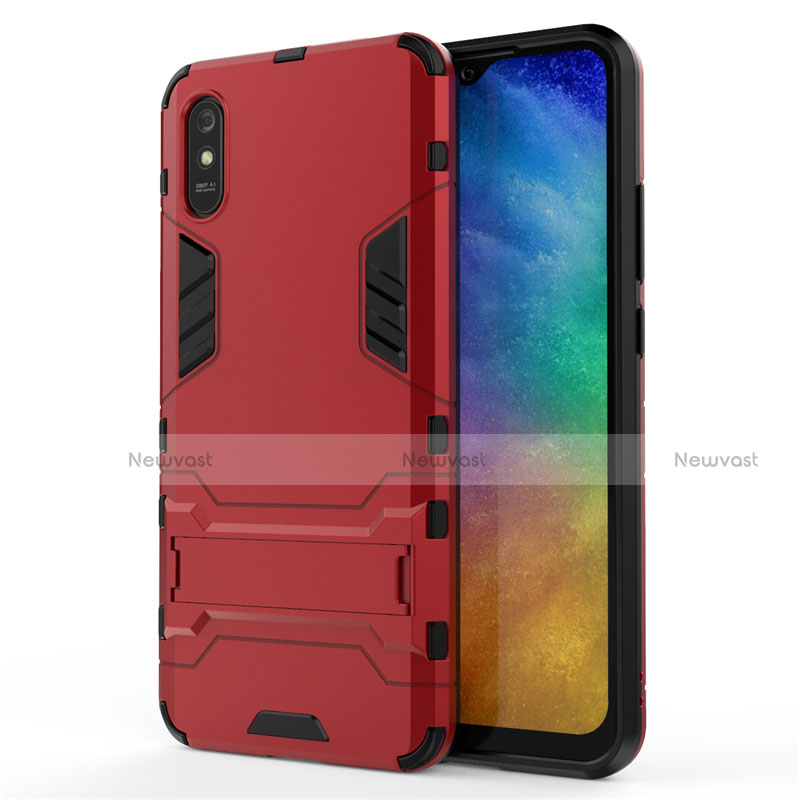 Silicone Matte Finish and Plastic Back Cover Case with Stand R01 for Xiaomi Redmi 9AT Red