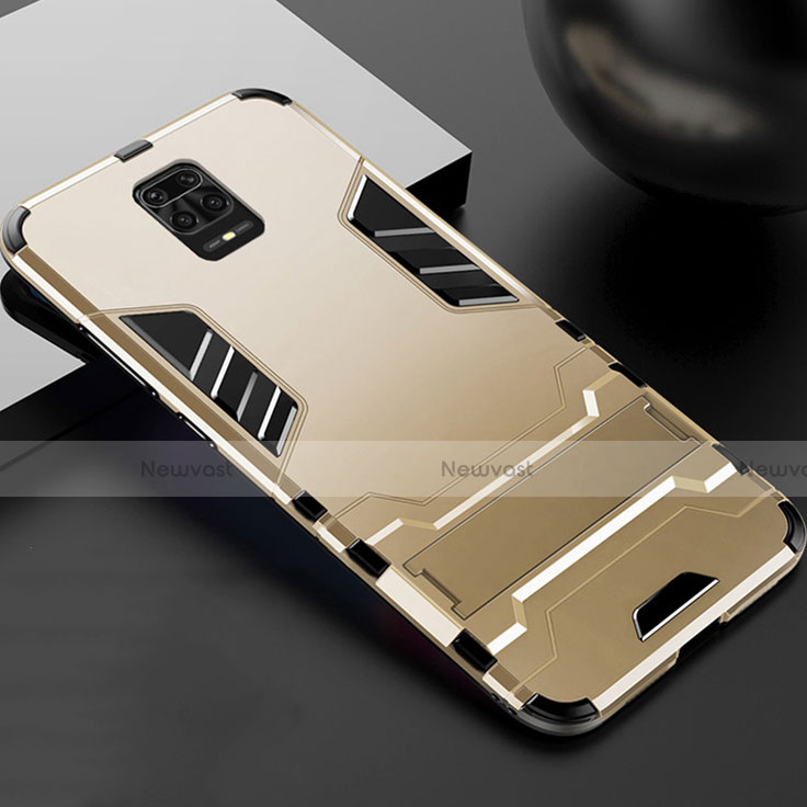 Silicone Matte Finish and Plastic Back Cover Case with Stand R01 for Xiaomi Redmi Note 9 Pro Max Gold