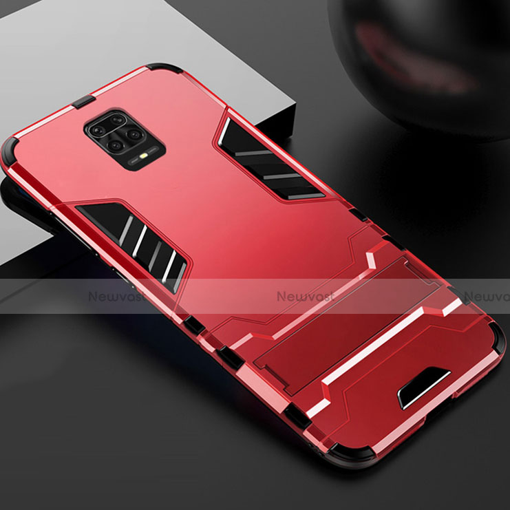 Silicone Matte Finish and Plastic Back Cover Case with Stand R01 for Xiaomi Redmi Note 9 Pro Max Red